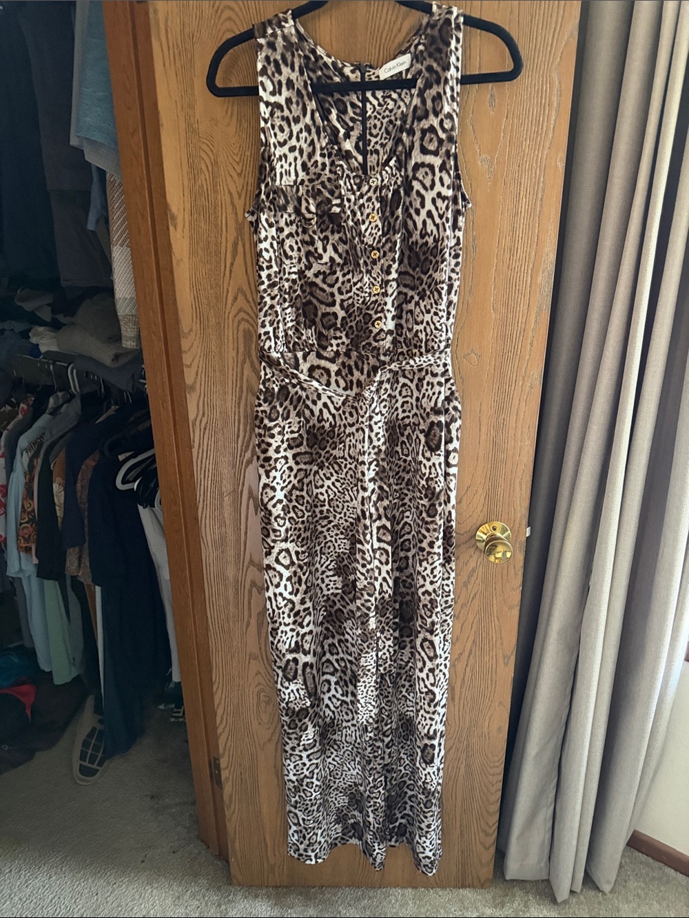 Calvin Klein Leopard Print Straight Leg Jumpsuit in Brown and Black